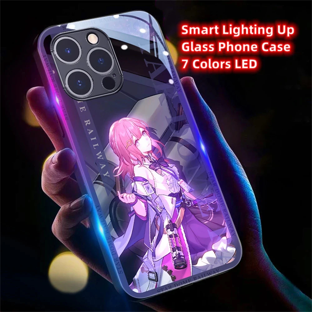 

So Cool Honkai Role Smart LED Light Glow Tempered Glass Phone Case For iPhone 16 15 14 13 12 11 Pro Max XR XS Plus 6 7 8 SE2020