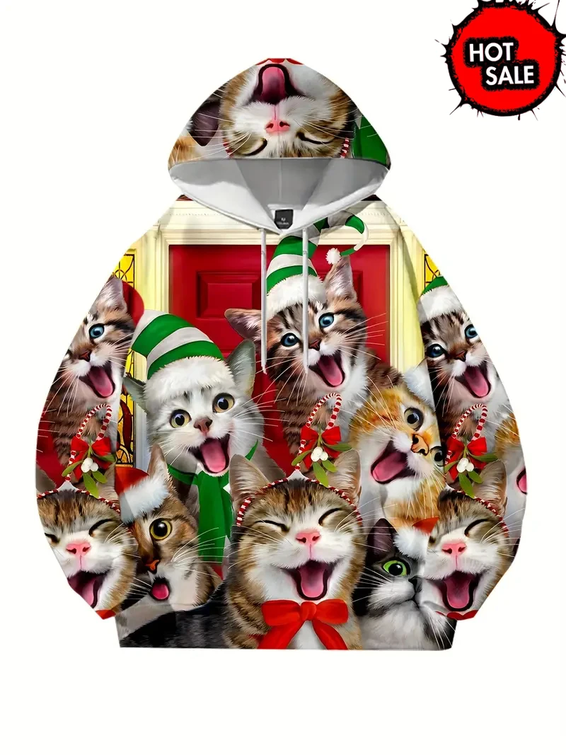 Hot Sale Men Women Merry Christmas Hoodie Cute Cartoon Cat Hooded Clothing Couple Fashion Tops Pyllover Streetwear Kids Hoodies