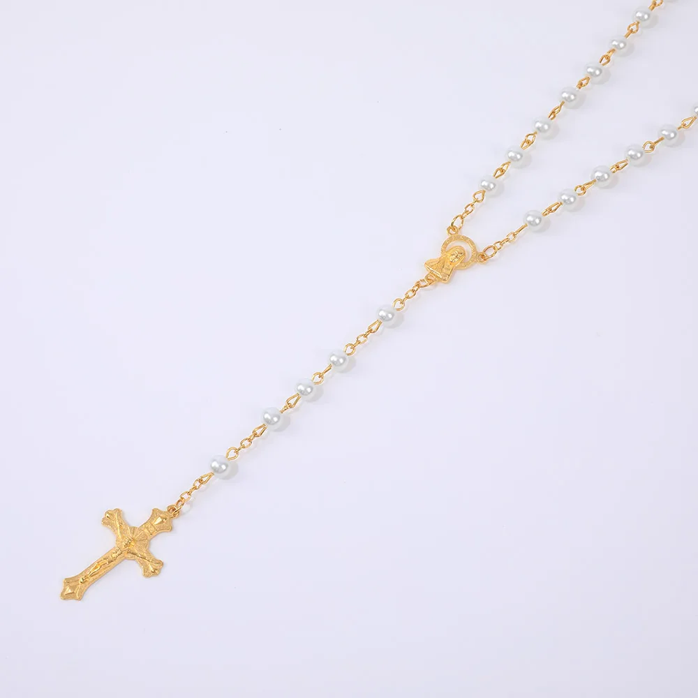 Religious Rosary Necklace For Women 6MM White Imitation Pearls Long Chain Crucifix Cross Pendant Prayer Party Jewelry Gift