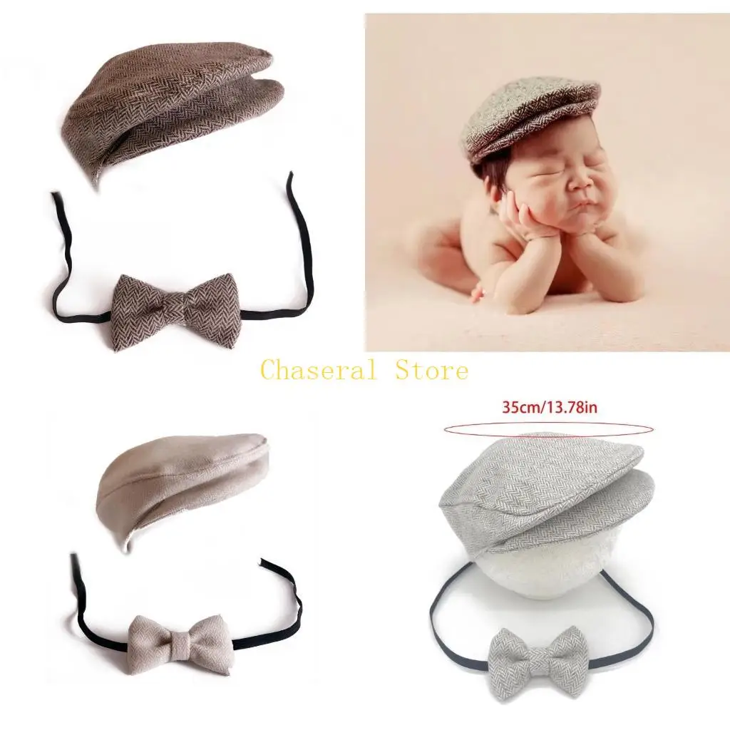

E7CE 2 шт. реквизит для фотосъемки новорожденных, детская шапочка с козырьком, однотонная шапка с галстуком-бабочкой, аксессуары