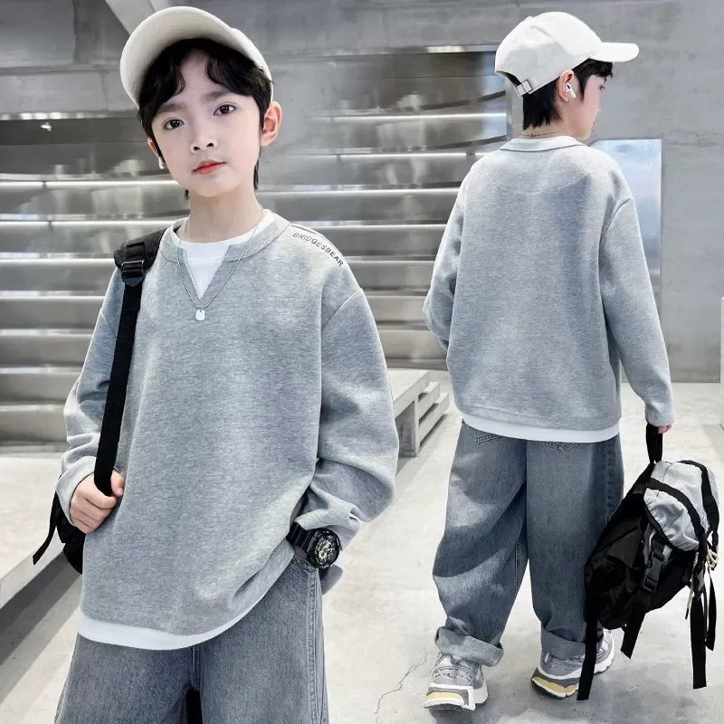 

Новый свитшот с круглым вырезом для мальчиков, весна-осень, свободный крой для больших детей, пуловер с длинными рукавами, стильные крутые модные топы для подростков, детская одежда