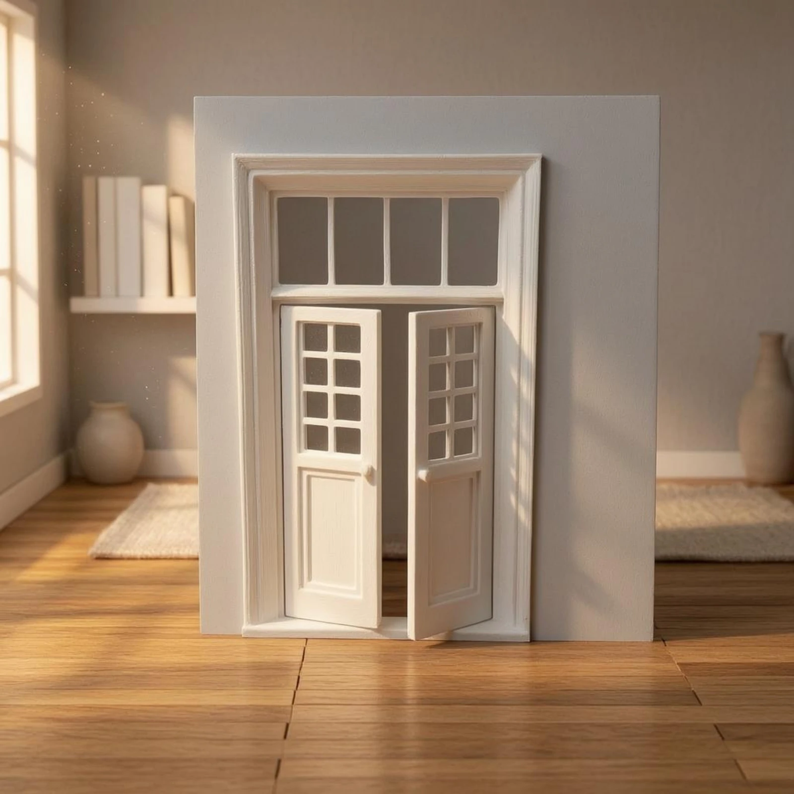 1:12 Scale Dollhouse Door DIY Two Panel Transom Door Transom Window Model Decorative Openable view 4