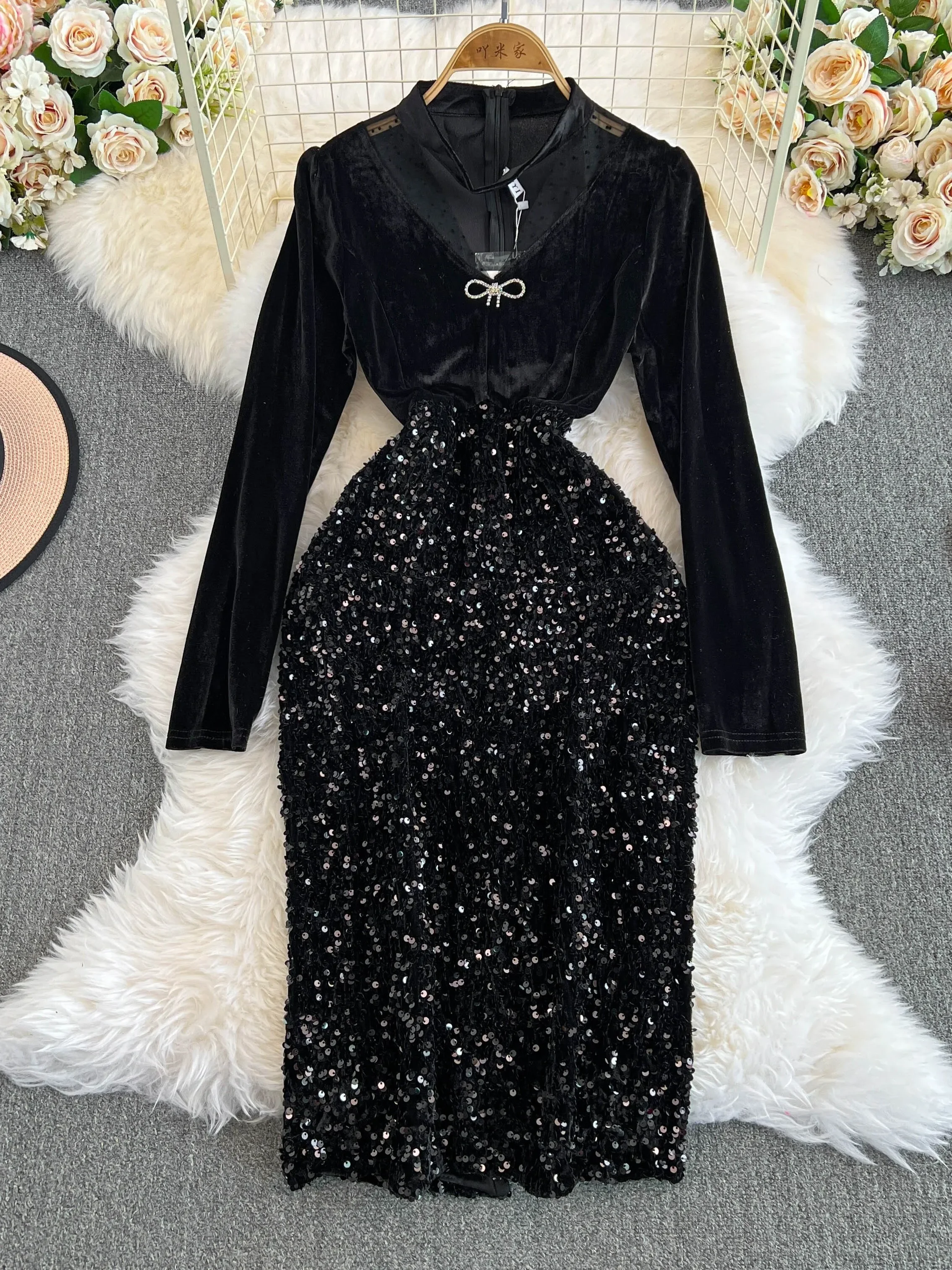 Ofallsis Gold Velvet Patchwork Sequin Dress 2024 Women's Spring Autumn New Elegant Vintage High-end Fishtail Wedding Dresses