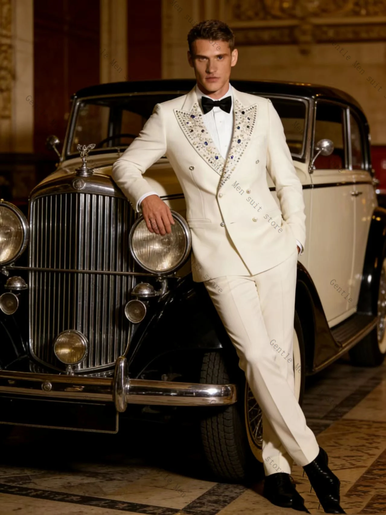 

Crystals White Men Suit Set 2 Pcs Blazer+Pants Trousers Groom Wedding Tuxedo Formal Office Business Jacket Coat Customized