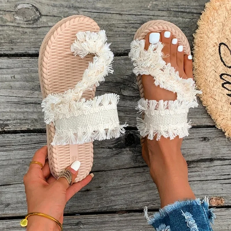 Flat Slippers Summer New Round Head Set Toe Tassel Soft Soled Beach Shoes Lightweight Anti-slip Wear Slippers women shoes