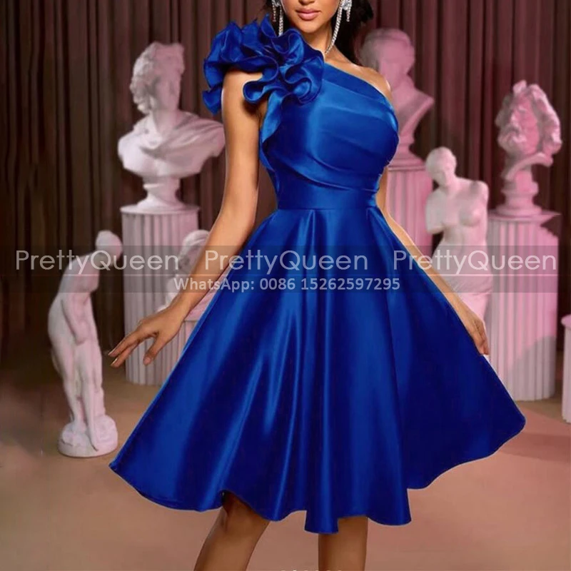 Customized Short Bridesmaid Dresses A Line Ruffles One Shoulder Sleeveless Knee Length Wedding Party Dress