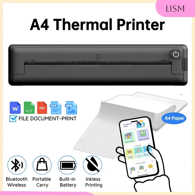 

LISM A4 Portable Printer Thermal Paper Printing Bluetooth Wireless 1000mAh White/Black/Pink/Blue Inkless-Print Pocket Printer