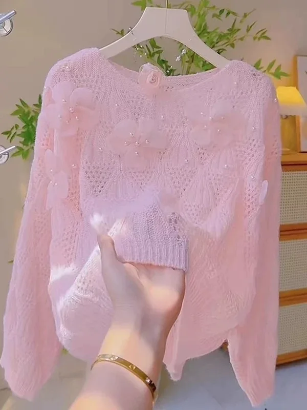 

Sweet Soft Sle Hollow out Knitted Sweater Spring Summer Autumn New Loose Women's Top Versatile Floral Embellied Knitwear