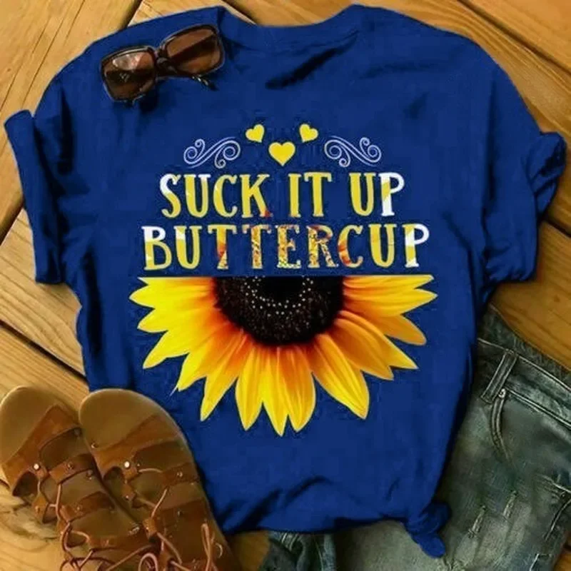 Print T Shirt SUCK IT UP BUTTERCUP Letter Sunflower Women Short Sleeve Tee O Neck Loose T-shirt Summer Women Tops Mujer Shirt