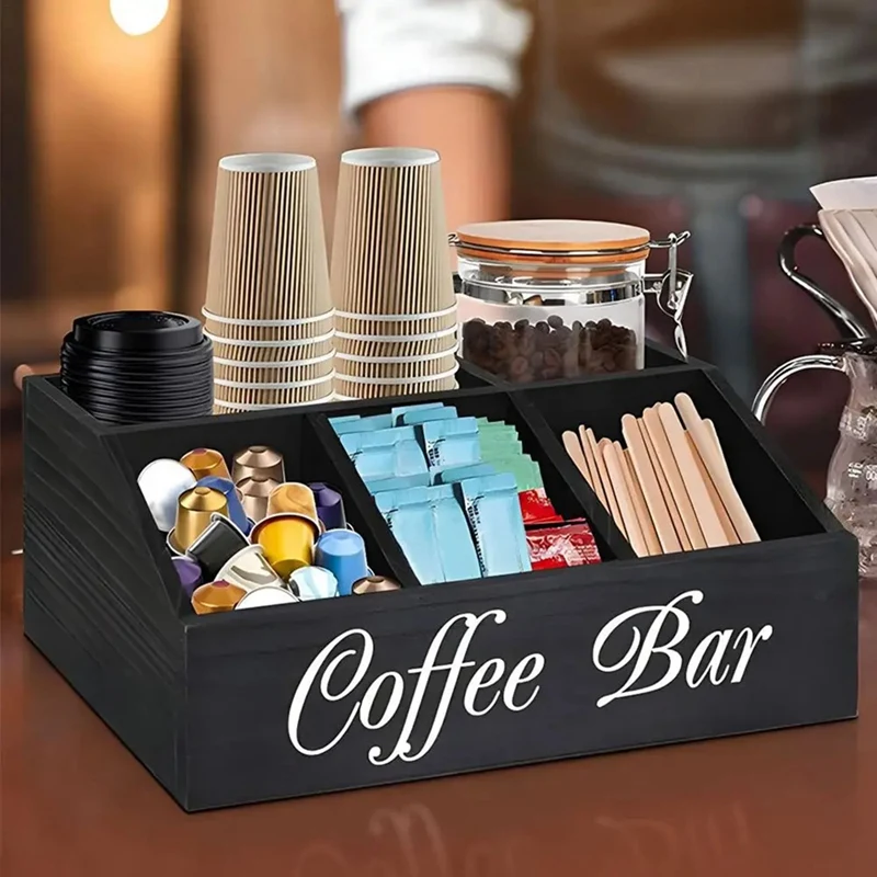 Coffee Station Counter Organizer Countertop Wooden Basket Holder Wood Coffee Pods Holder Storage Basket for Offices-A55K