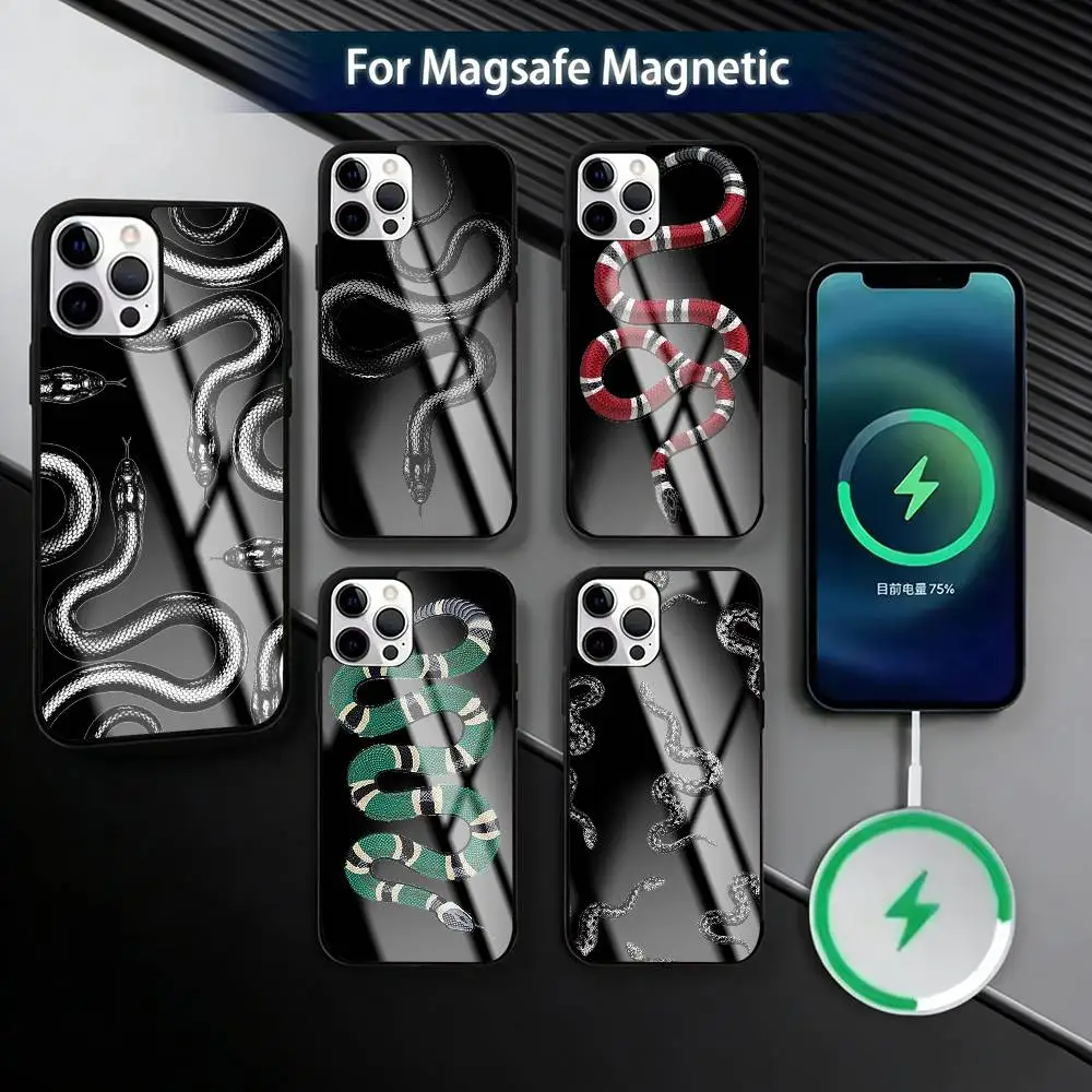 

Stylish B-Black S-Snake Print Phone Case For iPhone17,16,15,14,13,12,11 Plus,Pro Magnetic with Magsafe Wireless Charging