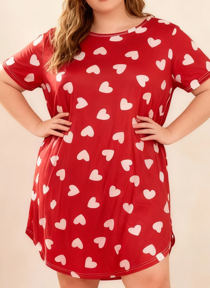 Plus Size Women's Spring Summer Heart Print Short Sleeve Round Neck Nightgown Dress - view 3