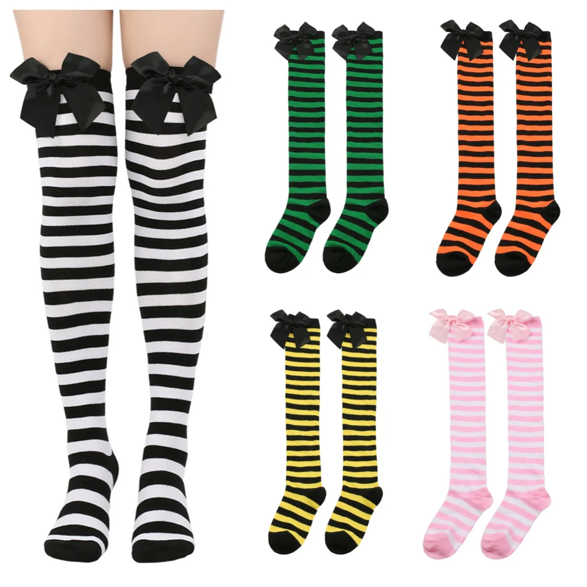 

Женские чулки до бедра, мягкие удобные гольфы в полоску с бантом, декоративные гольфы для повседневного косплея, вечеринки