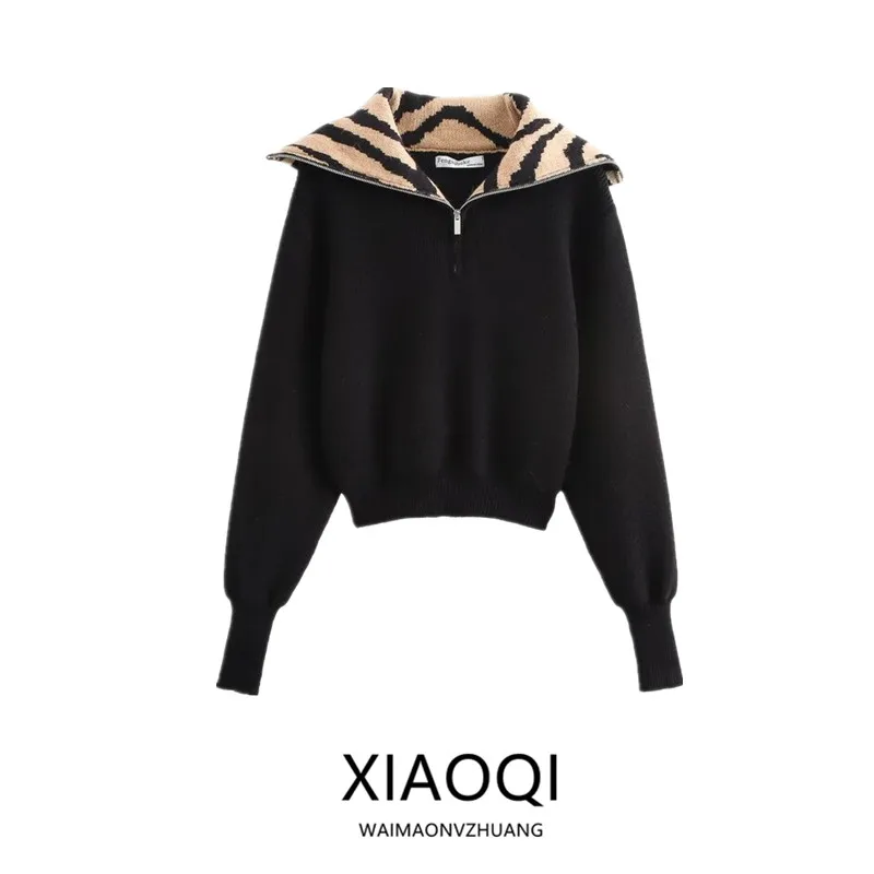 

Women's Long Sve Knitted Sweater f Zipper Animal Pattern Embroidery Collar 2024 Autumn Winter New Arrival Commute Sle