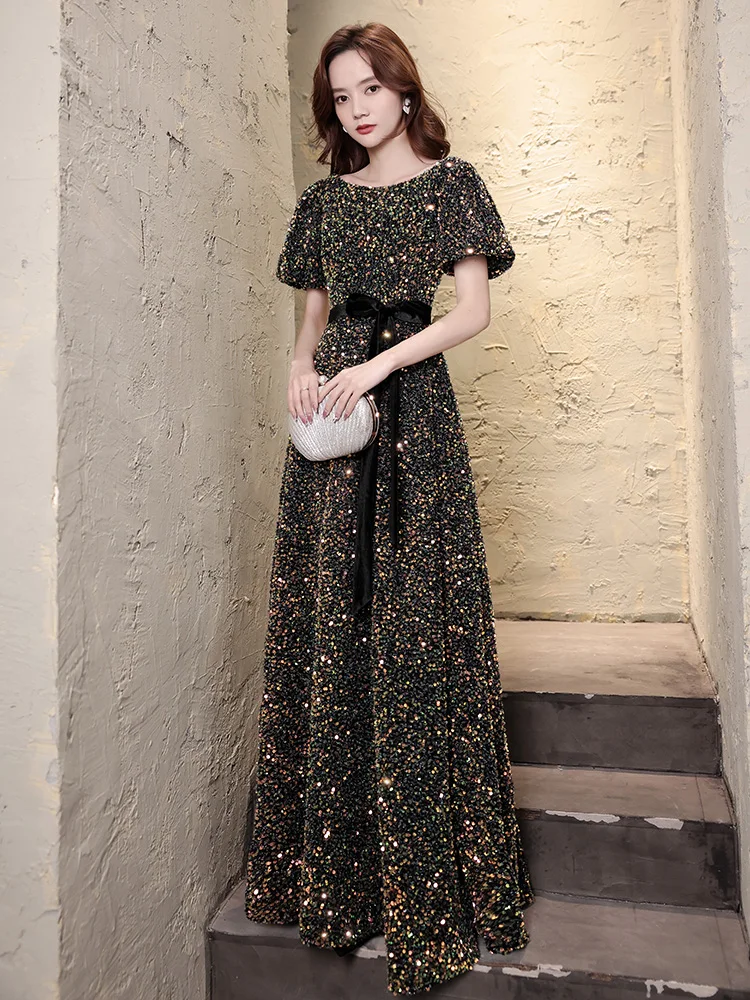 

iny Sequin Evening Dr Women's High-End Cusized Banquet Host Luxury Small ence High-End Heavy Work Long Sve U-Ne