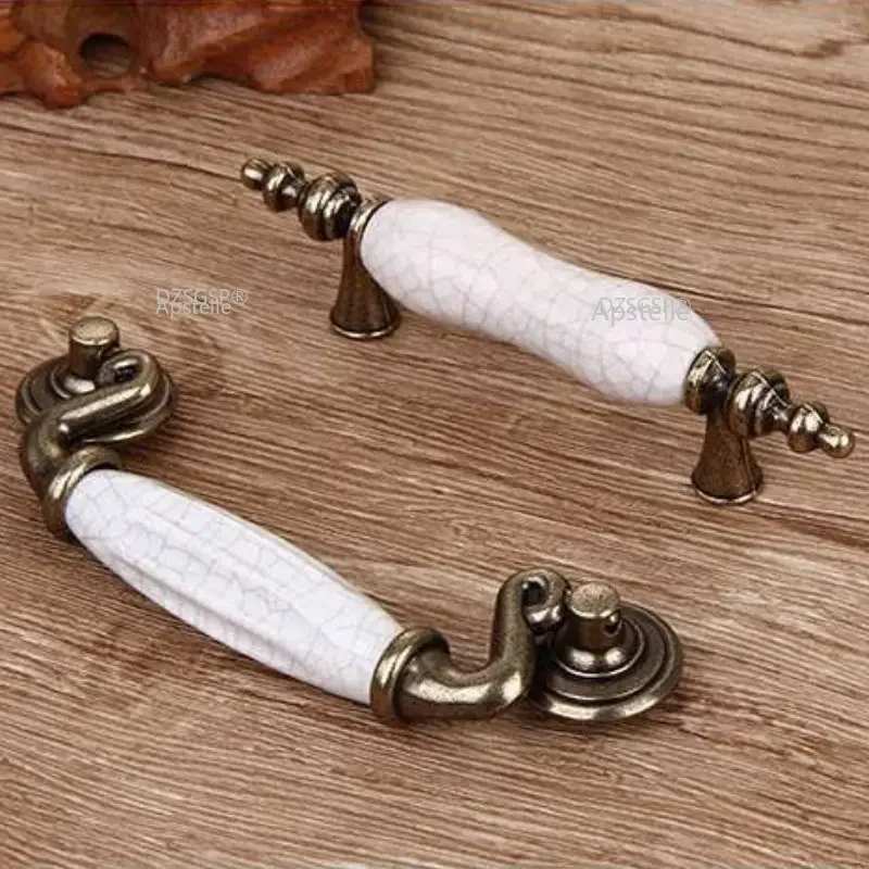 Ceramic Handle European Style Crack Kitchen Cabinet Wardrobe Handle Yellow Bronze Antique Drawer Round Knob Furniture