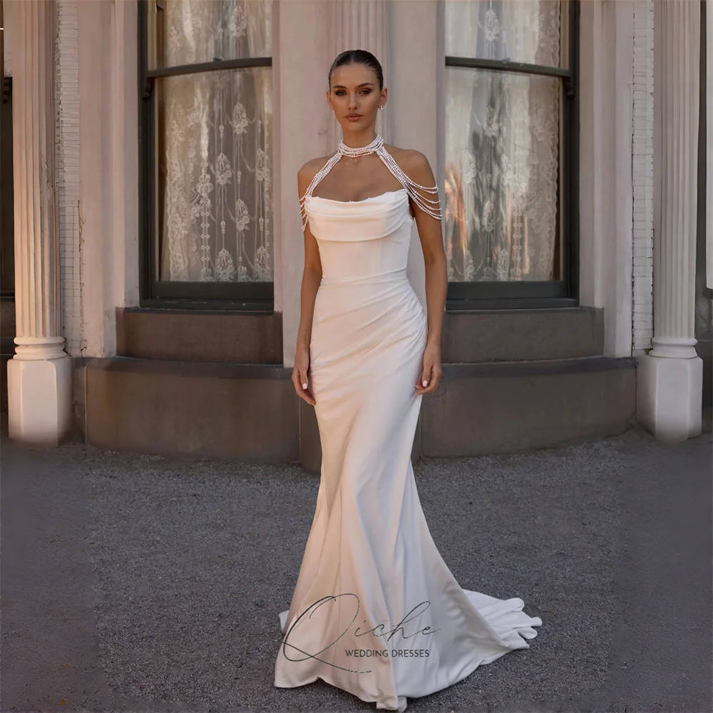 QICHE elegante vestido De Novia De sirena con cuentas y cuello barco plisado espalda abierta sin mangas vestido De Novia 2026 Vestidos De Novia personalizados