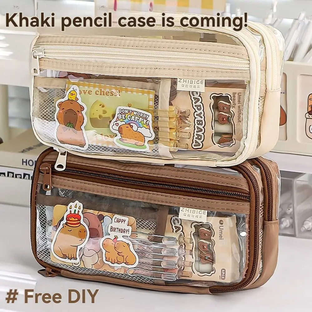 Capybara Pencil Case Mesh Pocket Transparent Partition Pen Bag Multi-functional Large Capacity Stationery Storage Pouch