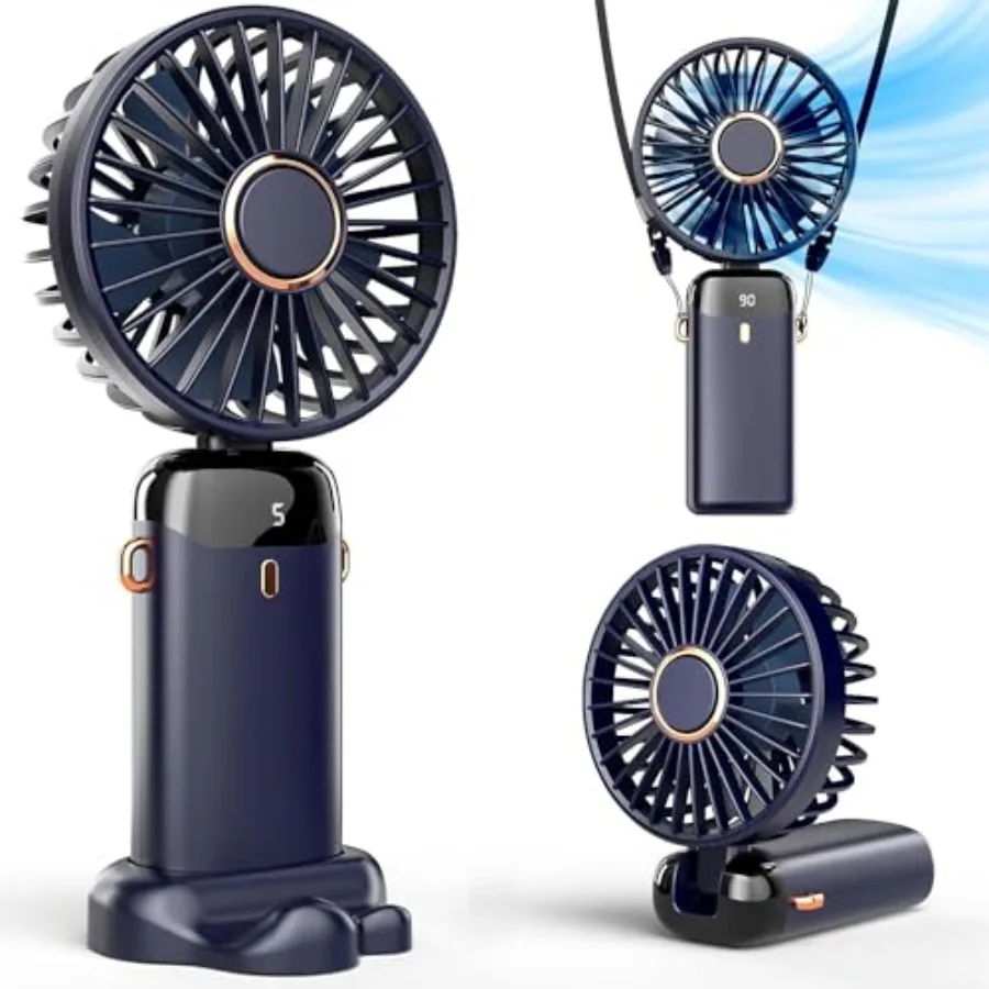 

Portable Handheld Fan Battery Operated with Base, 8 Hours, Digital Display, 5 Speeds, 90° Ajustable, Rechargeable Mini Fan for