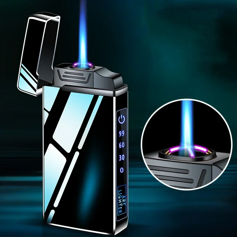 

New Metal Windproof Dual Arc USB Lighter Rechargeable Butane Gas Electric Lighter LED Screen Display Lighter Portable Men Gift