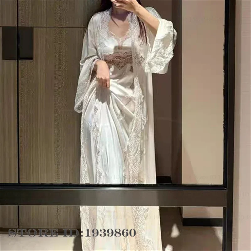 

Sexy Women's Long Twinset Robe Set Nightgown Patchwork Lace Intimate Lingerie Spring Summer New Sleepwear Home Dress Loungewear