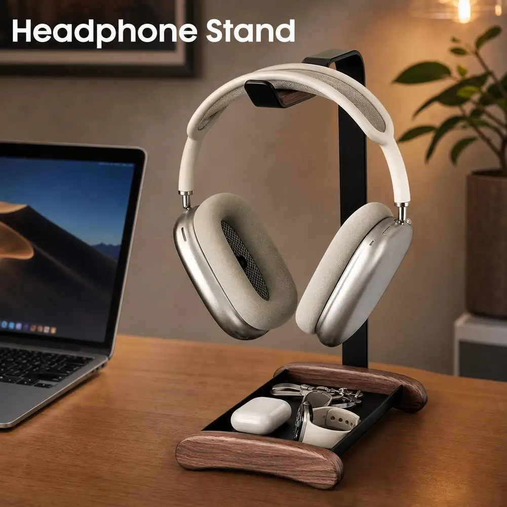 Black Walnut Headphone Stand Solid Wood Aluminum Alloy Gaming Headset Holder Desktop Display Shelf With Storage Base