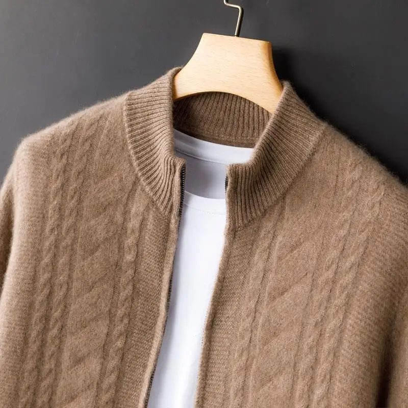 Jaqueta de Inverno Masculina DAKO em Camere com Gola Alta, Zíper, Suéter Tricotado Solto, Casual de Negócios, Cardigan Aber...
