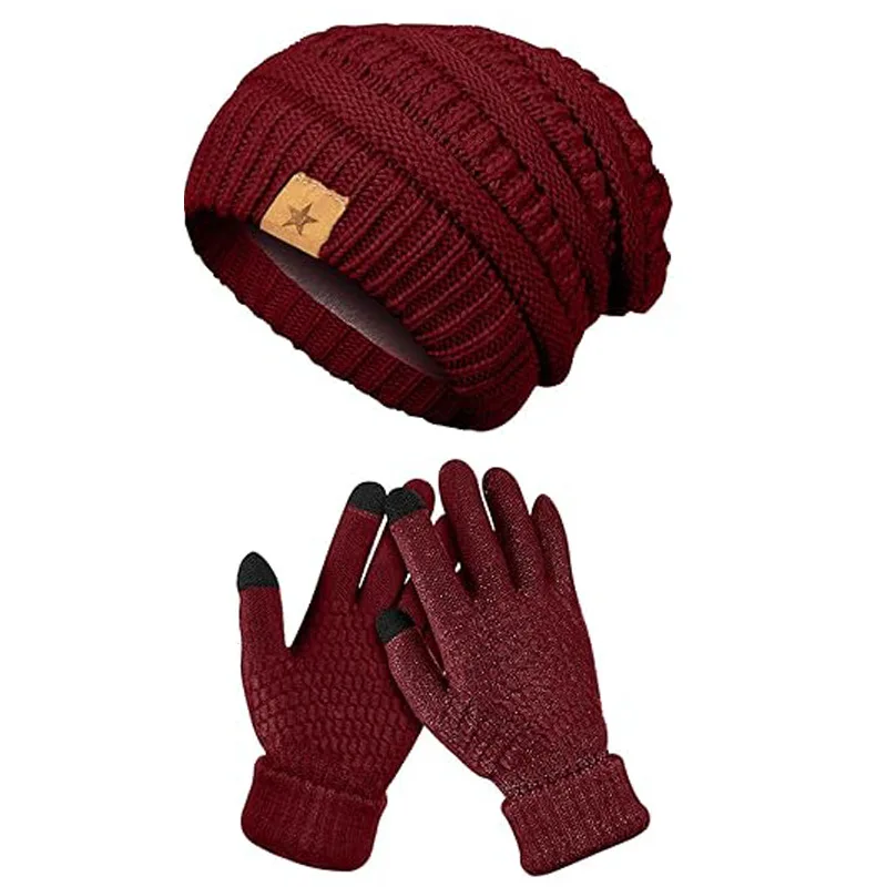 Gorro de invierno, guantes, gorros de invierno de punto de lana cálidos, conjunto de guantes para pantalla táctil, regalos de invierno para adultos unisex