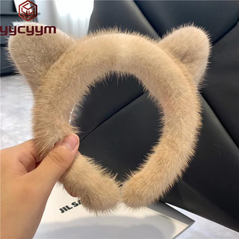 

2025 New Face Wash Headband Real Mink Cat Ears Hairpin Net Celebrity Female Anchor Headband Cute Plush Headdress Makeup Hairpin