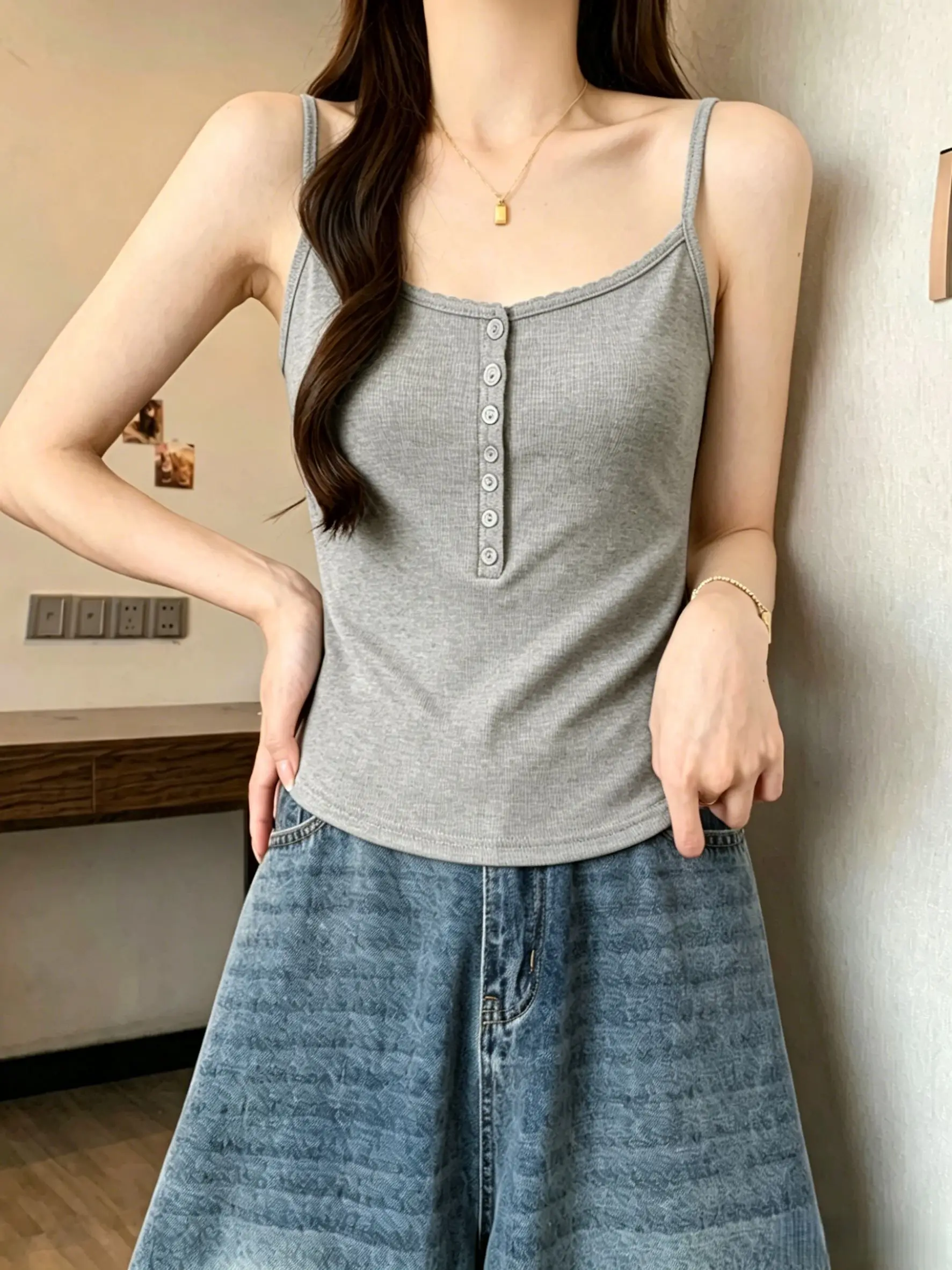Women's Slim Fit Cotton Button down Tank Top Summer Base Layer Shirt Big Size plus Size Inner Wear Casual Comfortable Vest