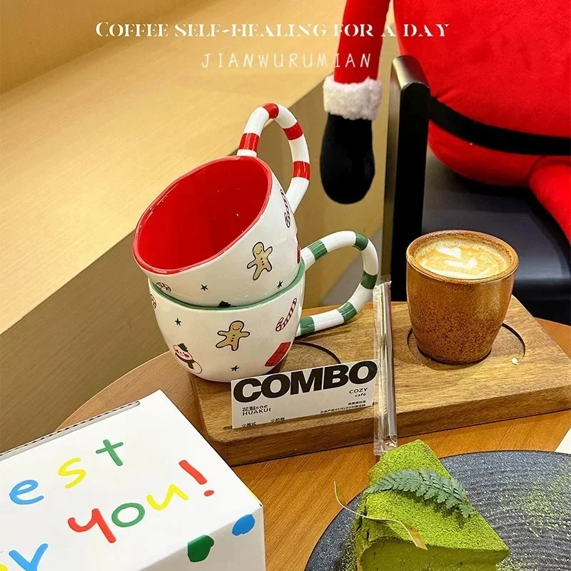 350ML Christmas Coffee Mug Hand Pinched Ceramic Cup Winter Afternoon Tea Milk Cup Xmas Gift Irregular Large Handle Water Cup