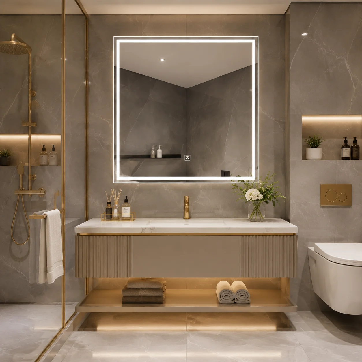 60cm Smart Mirror 60cm LED Square Touch Screen Anti Fog Wall Mounted Bathroom Vanity Makeup Mirror for Dressing Room Powder Room