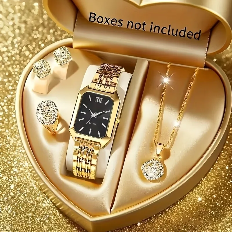 5PCS Womens Elegant Rectangle Rhinestone Quartz Watch Jewelry Set Fashion Women Watches Reloj Mujer Girl Clock Gift（Without Box） image 2