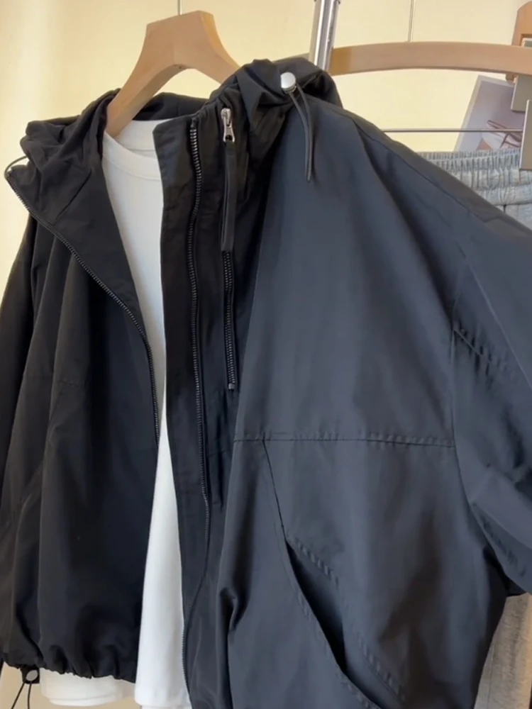 Cool Versatile Korean Style Loose Casual Black Hooded Zipper Jacket CHAO Level Recommendation Commute Style Asymmetrical Design