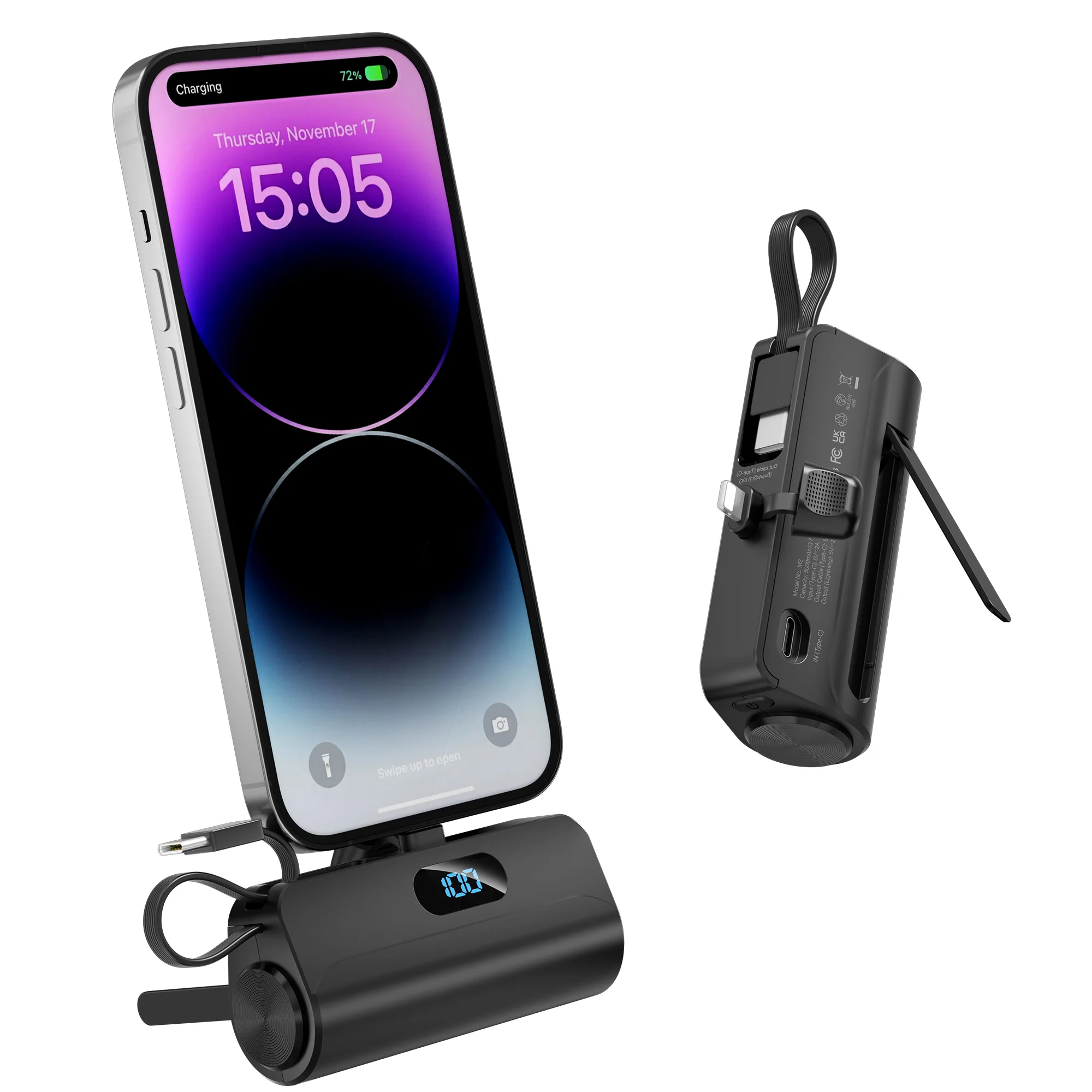 حزمة بطارية شاحن محمول صغير بقوة 5000 مللي أمبير في الساعة، واجهة ioS مدمجة وكابل USB-C طاقة محمولة للهاتف الخلوي، شاشة LED
