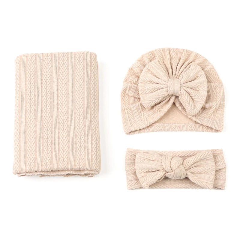 

3pcs Baby Swaddle Blanket with Newborn Hat Bowknot Headbands Receiving Blankets Wrap Bow Headband for Infant Boy