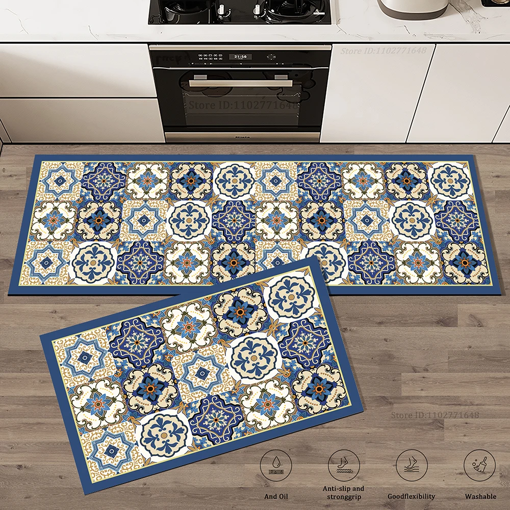 Bedside Living Room Study Room Kitchen Rug Courtyard Entrance Ethnic Style Absorbent Floor Mat, Crystal Velvet No-slip  Carpet
