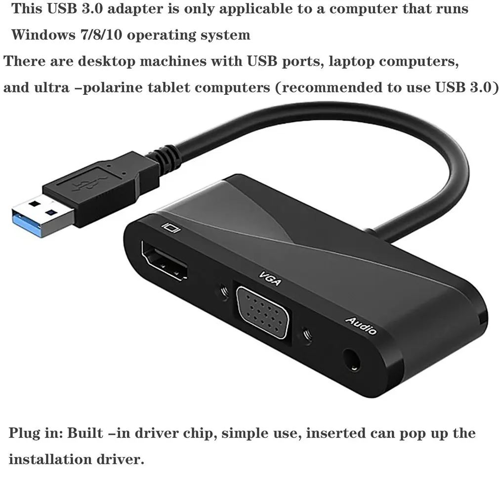 Hot 3 in 1 USB 3.0 To HDMI-compatible VGA Hub With 3.5 Adapter Audio Connector for Mac Air Pro Huawei Mate10 Samsung S8 Plus