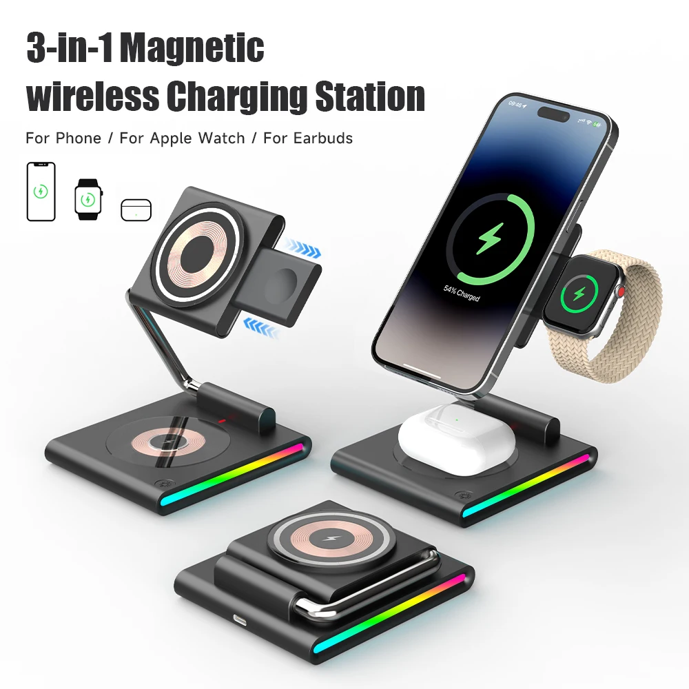 Foldable RGB Wireless Charger for iPhone 15 14 13 12 Pro LED Dock Station for Apple Watch S9 Ultra 2 AirPods Pro IWatch Holder