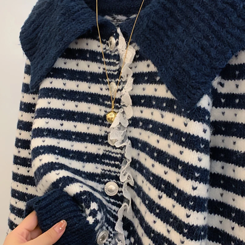 المرأة أناقة مخطط سترة الحلو نمط الدانتيل الديكور رفض طوق سترة الترفيه واحدة الصدر محبوك القمم #3