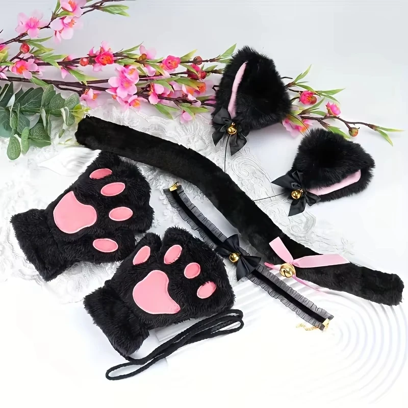 Cute Cat Ears Headband Set Plush Cat Paw Gloves Cartoon Party Costume Cosplay Props Cat Ear Headwear Costume Accessories