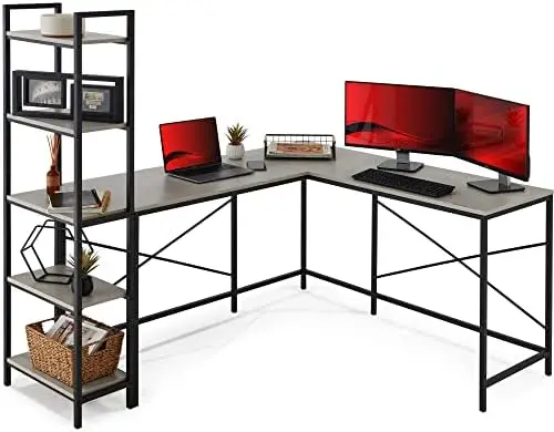 

L-Shaped Corner Computer Desk, Large Study Workstation w/Multifunctional 5-Tier Open Bookshelves, Custom Setup for , Office -