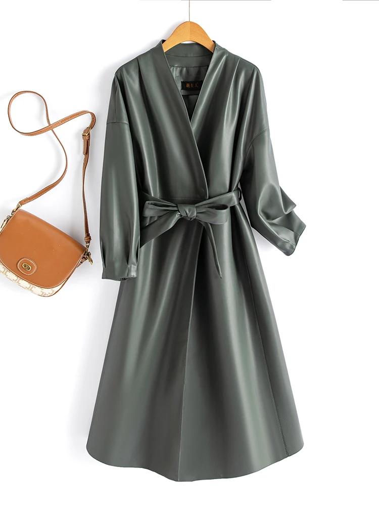   Cappotto in Vera Pelle Ning per Donna, Lunghezza Media, Versione Coreana Primavera-Autunno 2025, Slim Fit, Cappotto Nero in Pelle Bovina