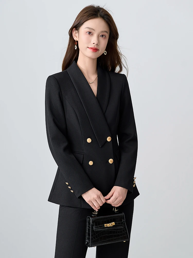 Conjunto de terno azul slim fit com botões de duas fileiras Ele para mulheres, entrevista profissional, roupa de trabalho, deslocamento, mistura de poliéster