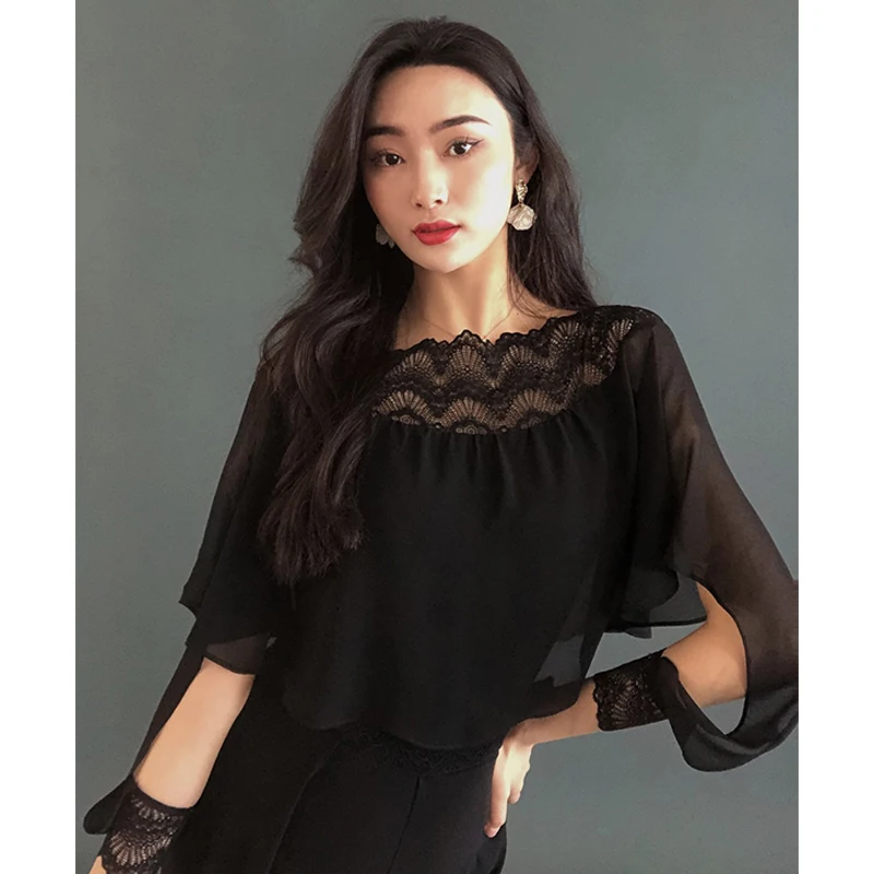 Ballroom Dance Clothes Black Lace Tops Women Long Sleeves Flowing Mesh Waltz Dance Costume Tango Performance Dancewear BL12881