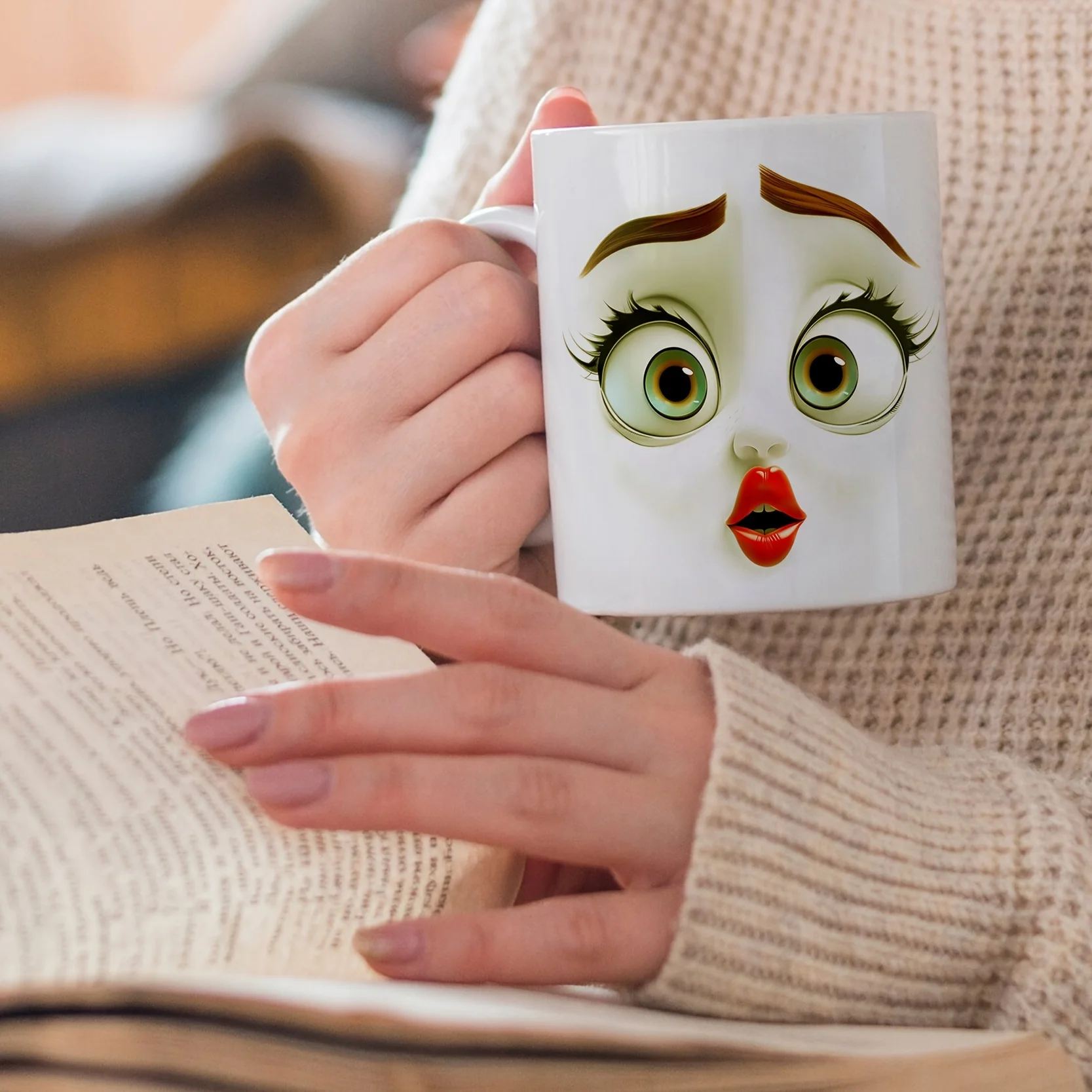 قطعة واحدة من كوب السيراميك ذو الوجه المضحك الكبير سعة 11 أونصة - محمول، فم واسع، سهل الإمساك، مثالي للمشروبات الساخنة والباردة - هدية رائعة للمشروبات