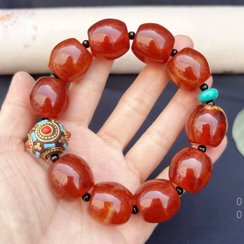 Orange bead barrel , Nepal spacer beads, single-loop vintage amber bracelet with turquois
