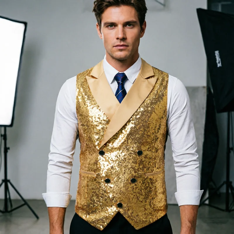 

Мужской золотой жилет с пайетками, двубортный, блестящий, для вечеринок, сценических выступлений, ночных клубов, выпускных вечеров, свадеб, костюмированных мероприятий