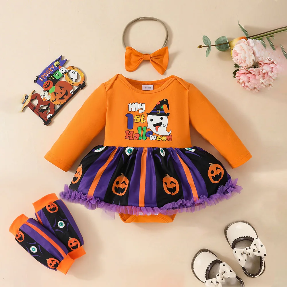 Baby Girls Halloween Clothes Long Sleeves Romper Ghost Pumpkin Print Lace skirt and Calf sleeve with Headwear 3Pcs Outfits set