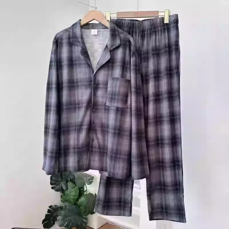 

Мужской осенний хлопковый свободный клетчатый пижамный комплект с длинными рукавами, теплый бархатный мужской пижамный комплект, кардиган